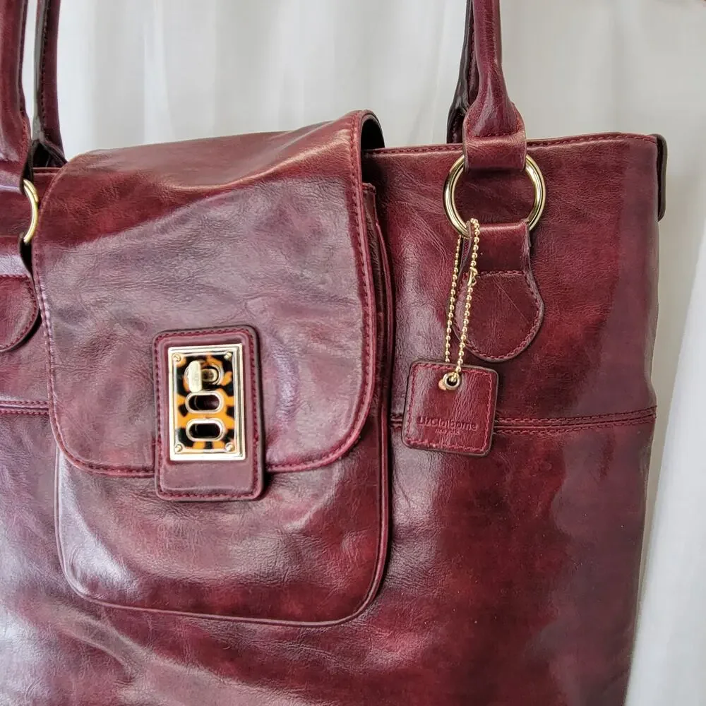 Liz Claiborne Dark Red Vegan Leather Oversized Tote w Tortoise and Gold Hardware